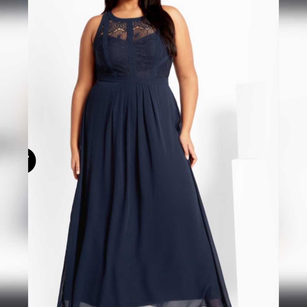 City Chic Navy Lace Bodice Pleated Maxi Dress